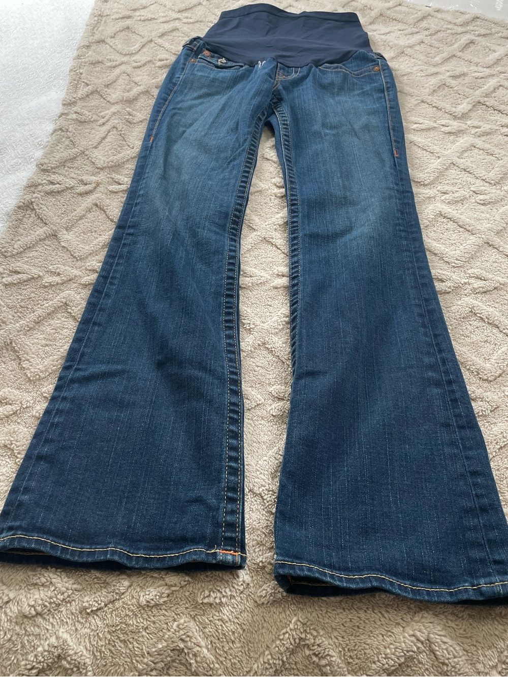 True Religion Dark Blue Flare Maternity Jeans with Full Stretch Panel Size 27